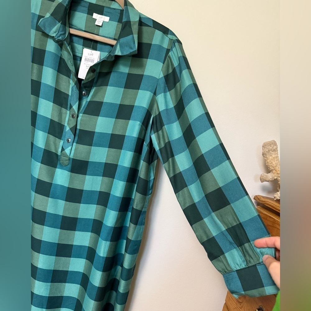 JJill NEW Green Plaid Women's long sleeved popover shirt dress with pockets - Picture 3 of 12